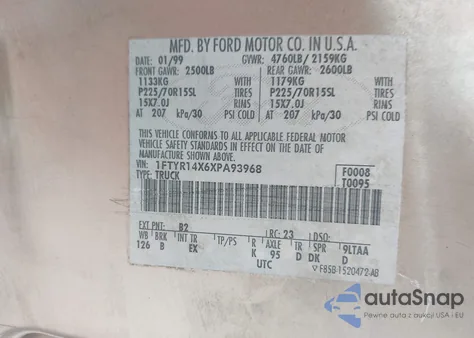 1999 Ford Ranger Xlt from USA, damaged, VIN 1FTYR14X6XPA93968